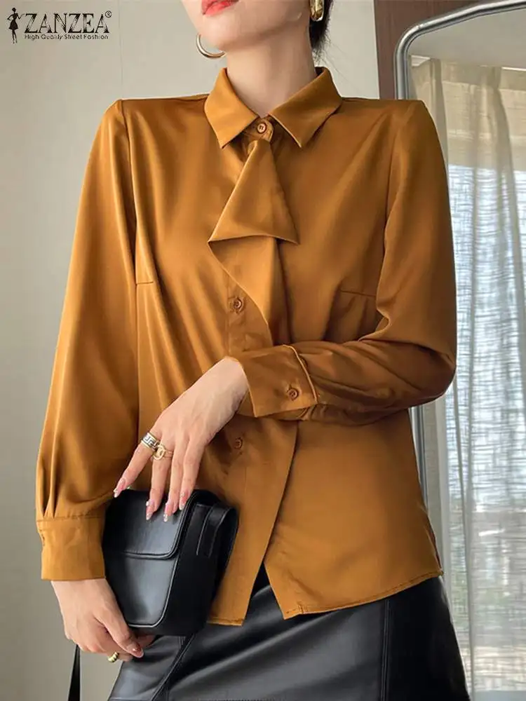 

Элегантная офисная блузка ZANZEA, женские Атласные Рубашки 2023, модные шелковые блузы с длинным рукавом и оборками, Женские повседневные топы с отложным воротником