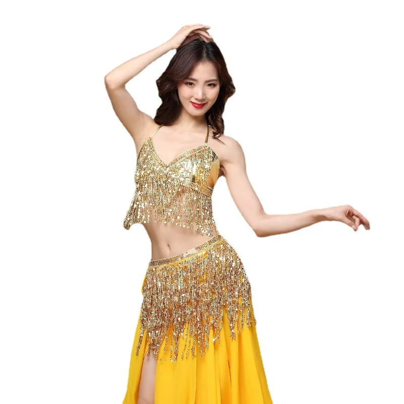 

Women 's Sequined Tassel Belly Dance Suit Carnival Party Costume Jazz Pole Dancewear 2Pcs Crop Top and Skirt