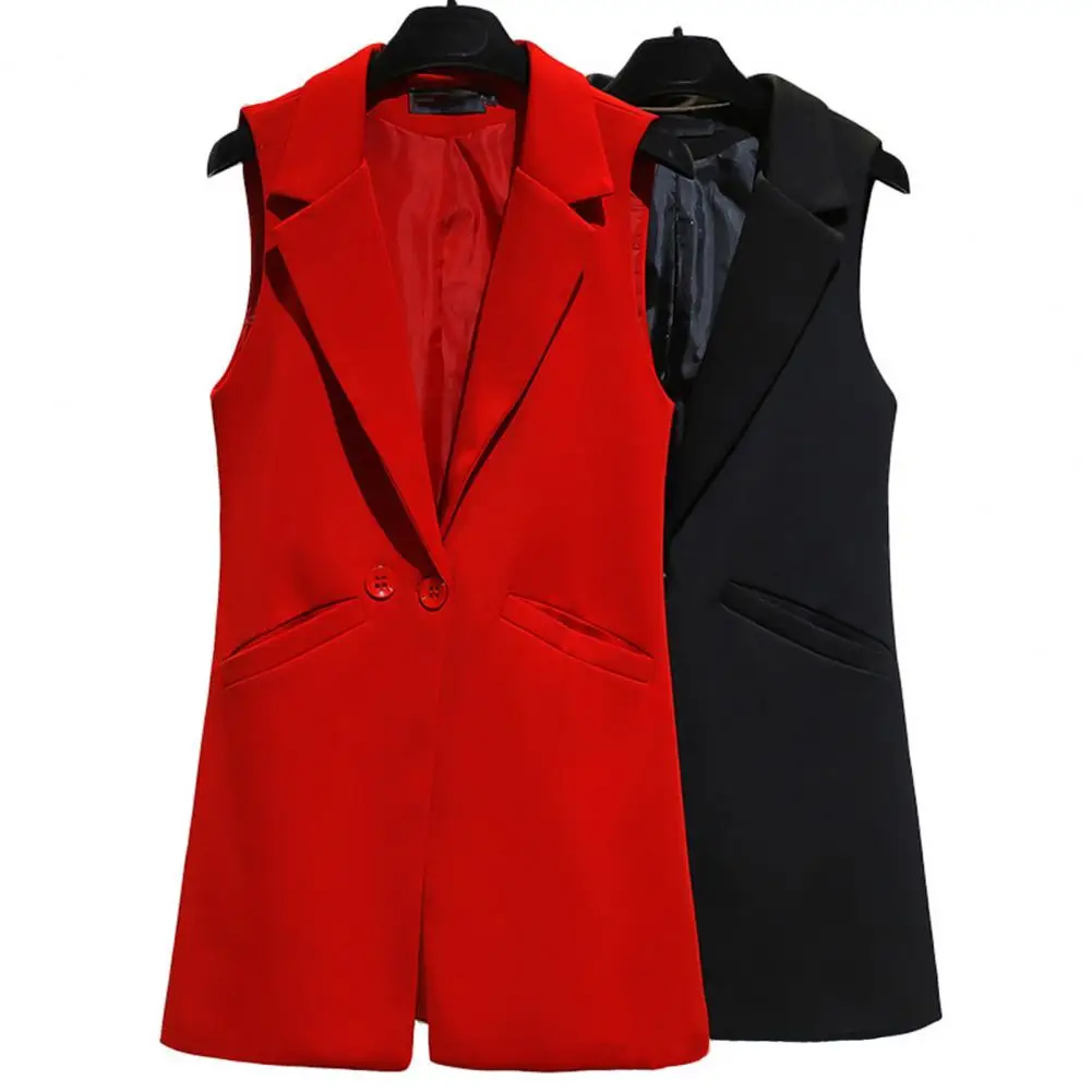 

Women Long Suit Coat Sleeveless Mid Length Single Button Sleeveless Thin Pocket Cardigan Lapel Formal OL Commute Style Jacket