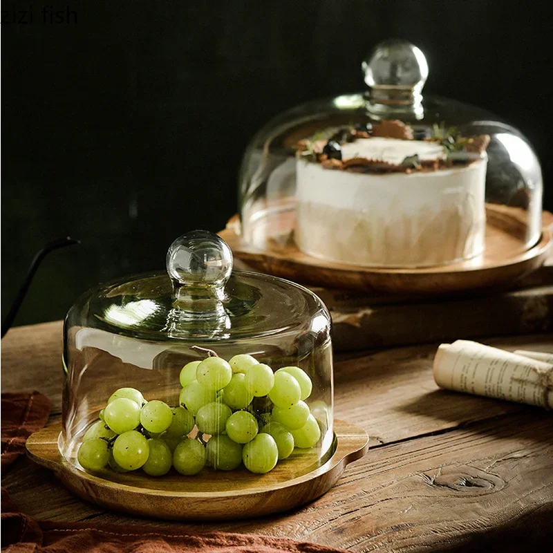 Wood Cake Pan Glass Cover Cake Stand Bread Pan Fruit Tray Dessert Plate Dim Sum Plate Snack Tray Refreshment Trays Display Stand