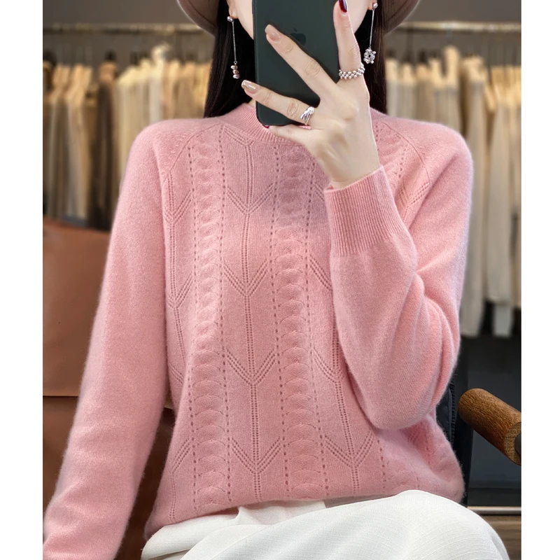 

23 Autumn and Winter New Woolen Sweater Women's Half High Neck Long Sleeve Pullover 100% Pure Wool Loose Seamless Hollow Sweater