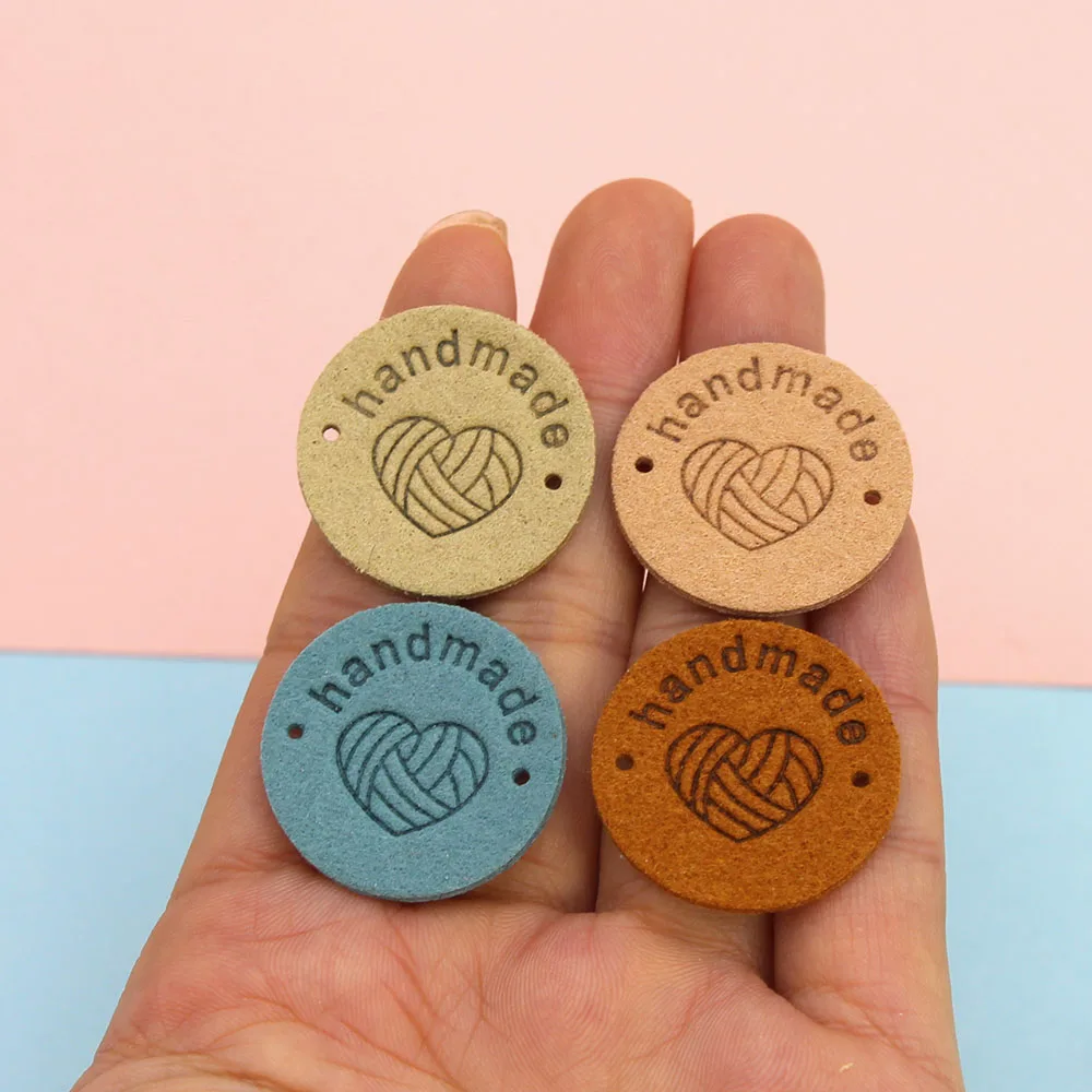 Leather Labels Round Heart Yarn Ball Handmade Tags For Clothes 20pcs Mix Color Hand Made DIY Bags Sewing Garment Accessories