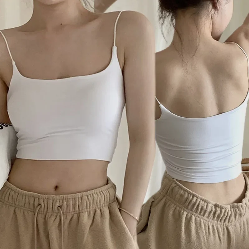 

Summer Sexy Bra Ice Silk Crop Tops Sports Spaghetti Strap Vest Top Women Built in Bra Shoulder Sleeveless Camisole Underwear