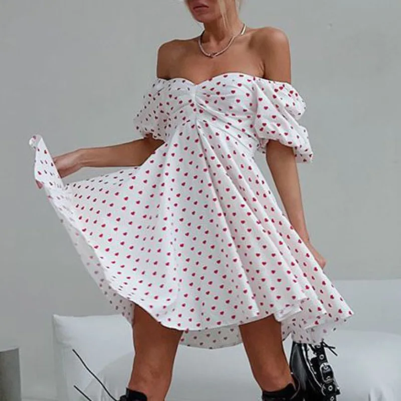 

Comemore Sexy Love Printed Elegant Dresses for Women Summer Bubble Short Sleeve A-line Skirt Strapless Fashion Party Short Dress