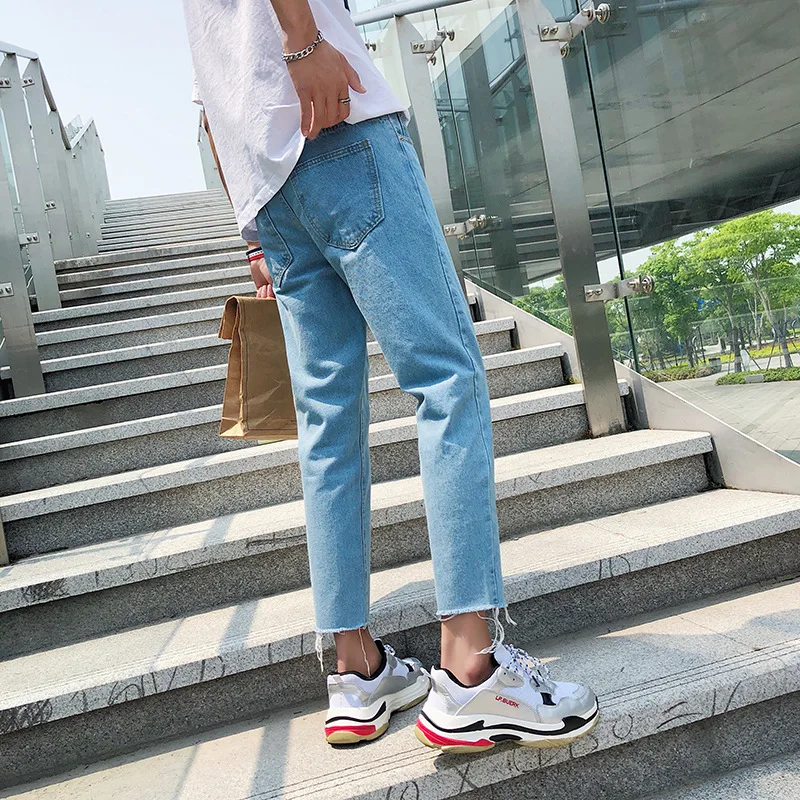 Summer 2022 Light-colored Frayed Ankle Length Jeans Men's Slim Feet Hong Kong Style Trendy Korean Boys Pants Students Leisure