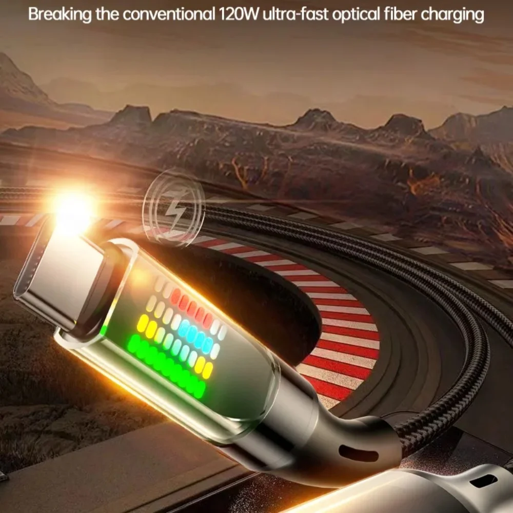 1/2m 120W USB to Type C Fast Charging Data Cable 6A Type C To Type C Nylon Data Cords  With Led Display USB C Black Cords