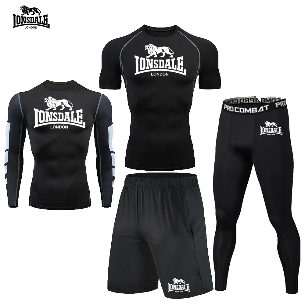 LONSDALE 4피스 스포츠웨어 짐 타이트 핏 티셔츠 피트니스 러닝 세트 조깅 스포츠웨어 남성 트랙수트 브랜드 래쉬가드 세트
