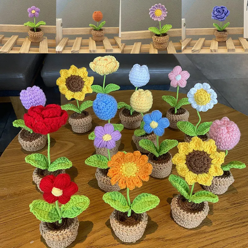 미니 귀여운 스타일 DIY 손으로 짠 시뮬레이션 화분 꽃 심기 스레드 크로셰 니트 완성 가정 및 정원 장식 장식