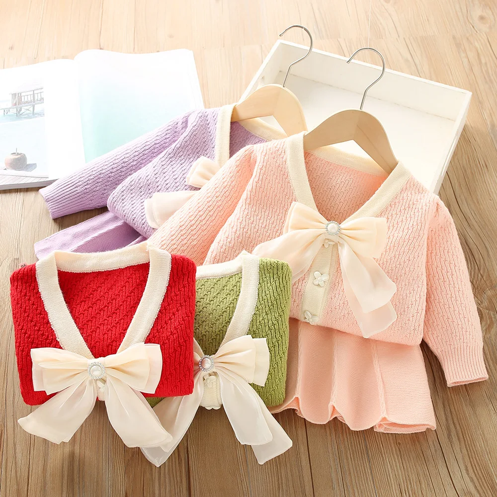 

0-6 Year Old Girls Sweater Set Autumn and Winter New Korean Bow Small Fragrant Sweater Set Foreign Style Childrens Two Piece Set