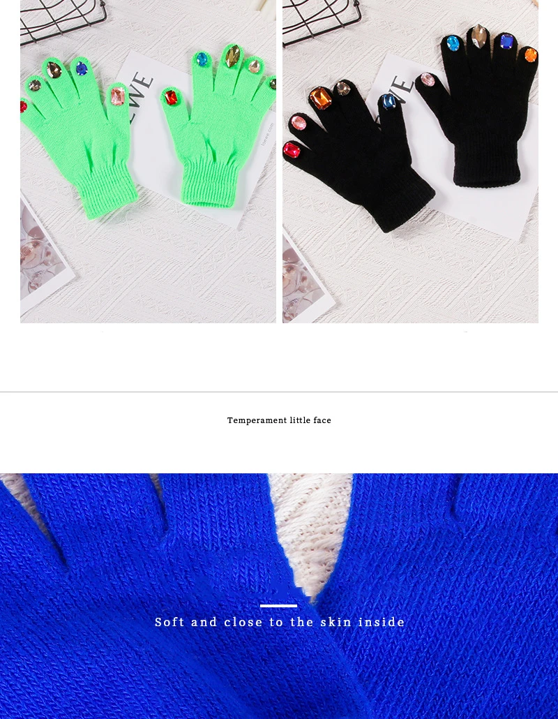 Winter Creative DIY Finger Thickened Warm Manicure Gloves Women Knitted Mittens Shiny Rhinestone Colored Diamond Gloves
