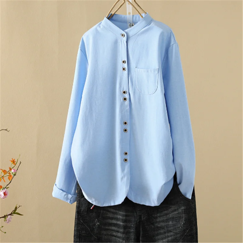 2024 Standing Collar Double Buckle Oxford Woven Shirt Early Spring New Ioose Artistic Shirt With Casual Wood Buckle Shirt