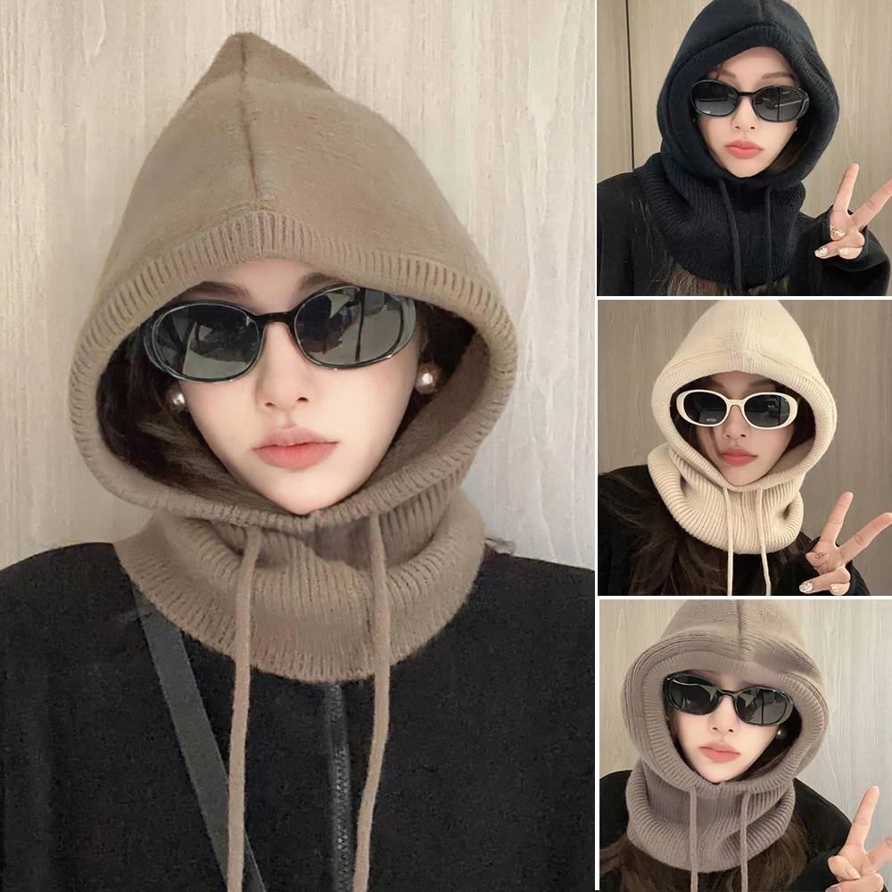 2024 Knitted Balaclava Hats Neck Ring Snood Ear Protection Beanies Men Women Hooded Caps Unisex Warm Drawstring 1Pcs Solid Color 3