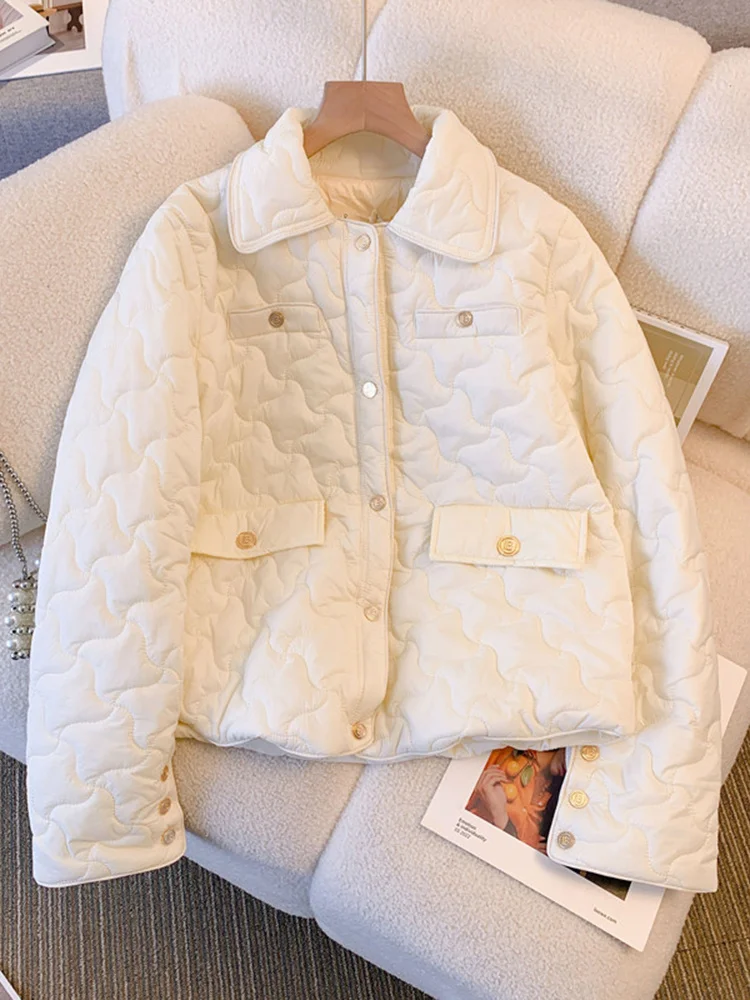 

Fashion White Women Puffer Jacket Winter Thick Cotton Padded Button Up Korean Elegant Ladies Parkas Turn Down Collar Coats
