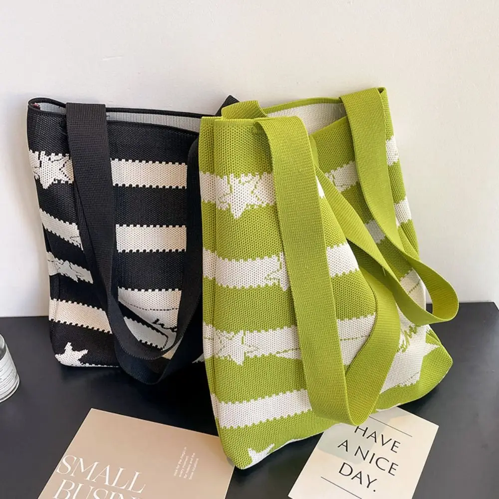 

Color matching Hand-woven Bag Reusable High-capacity Knit Tote Bag Wool Knitting Shoulder Bags Student