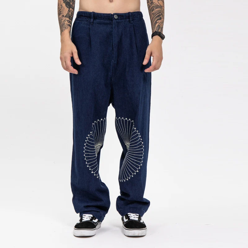 Japanese Fashion Brand Kapital Hirata Embroidered Casual Printed Pants Trend Versatile Retro Loose Jeans Male Vintage Trousers