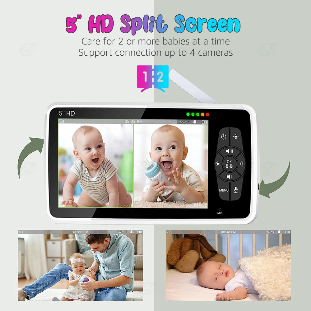 HD Baby Monitor com 2 Câmeras, Pan-Tilt, Zoom 4X, 2-Way Audio Baby Camera, Nanny Night Vision, 22-Hour Battery Video Babá, 5 polegadas