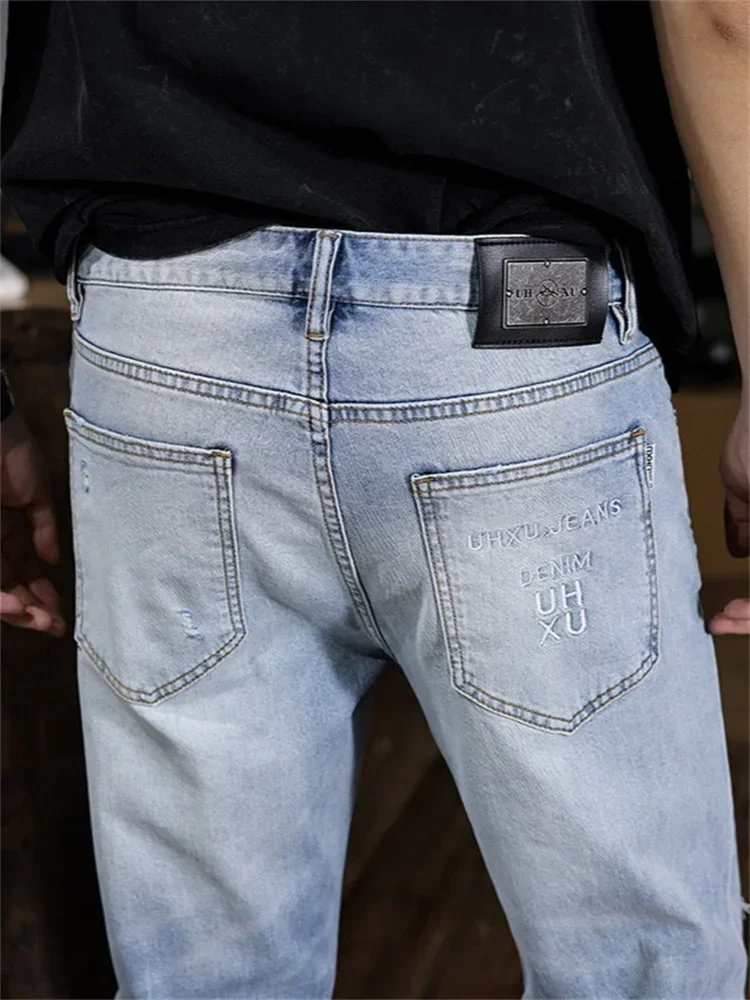 Men 3D Broken Hole Jeans Long Ink Splash Graffiti Pants 3D Inner Bleached Slim Fit High Elastic Zipper Trendy Cat Flipping Edge