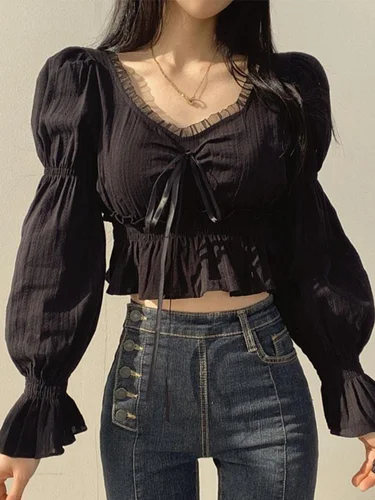 여성용 퍼프 소매 시폰 블라우스, 레이스업 프릴 셔츠, 우아한 한국 패션, 프레피 스타일, 스위트 탑, 레이디 2023, 여름 2