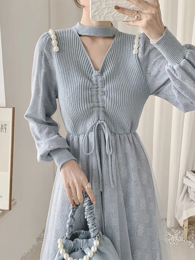 

2022 Autumn Winter Elegant Mesh Patchwork Knitted Dress Women Long Sleeve V neck Sweet Lace Fairy Sweater Dress Pink Party Dress