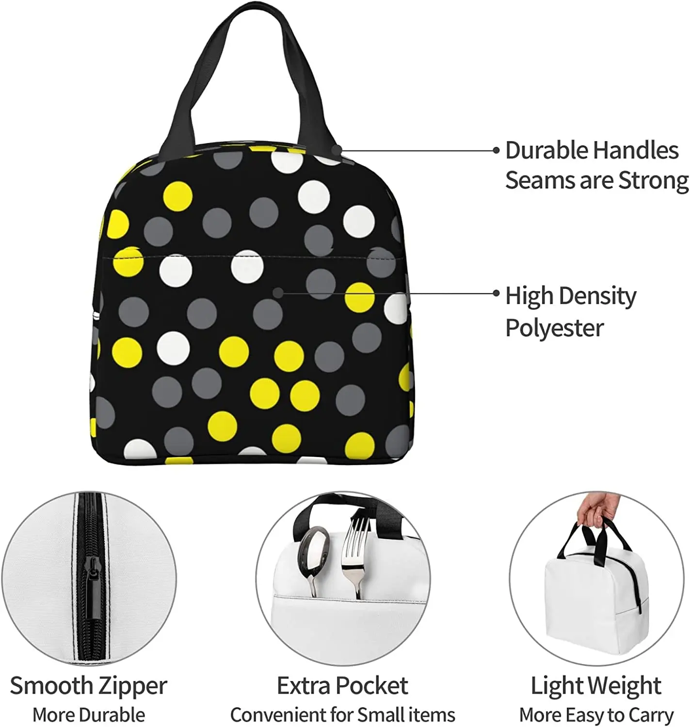 Yellow White Black Polka Dot Lunch Bag for Men Women Kids Portable Insulated Tote Bento Box Bags Reusable Cooler Picnic Package