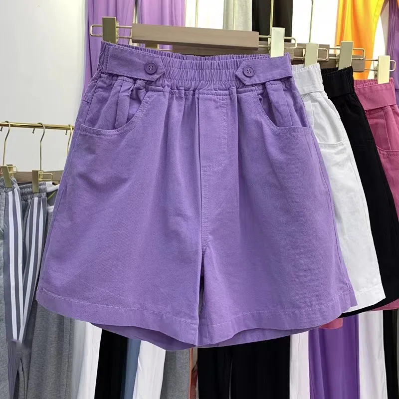 

Denim Shorts Women's Latest 2023 Summer Purple High Waist Wide Leg Short Pants Loose Casual Cotton Shorts Femmes Elastic Waist