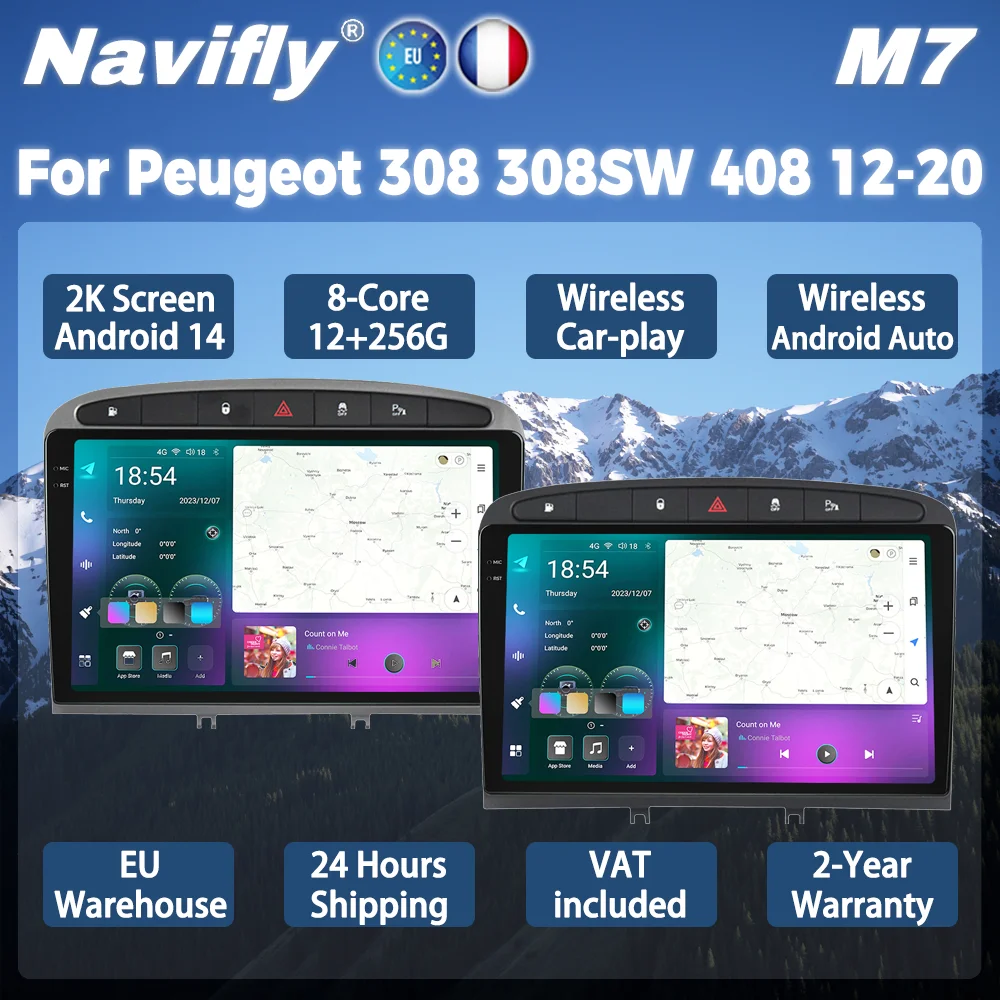 Radio samochodowe Navifly z bezprzewodowym CarPlay i Android Auto dla Peugeot 308 308SW, Android 14, autoradio stereo, odtwarzacz multimedialny
