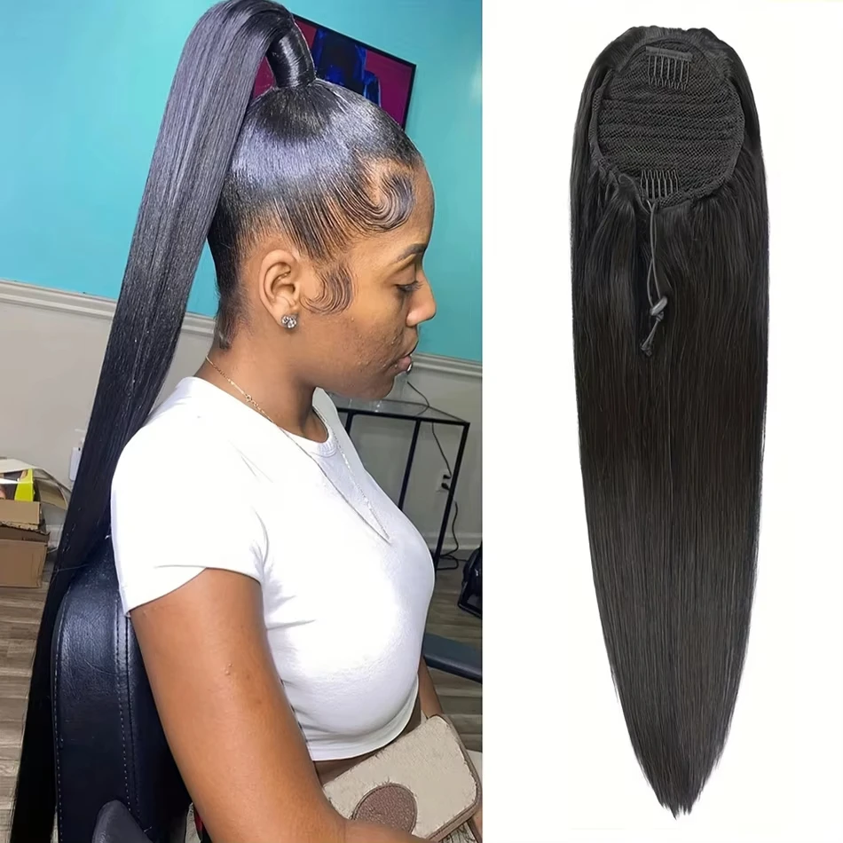 100g 스트레이트 헤어 드로스트링 포니테일 인모 연장 헤어 클립 포함 블랙 컬..