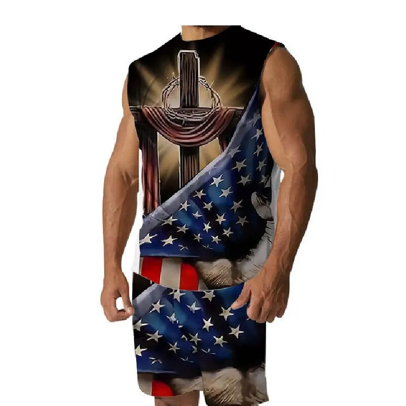 Men's Sleeveless T-shirt Top With Shorts July 4 Men's Patriotic Sportswear Flag Of The United States Summer Sportswear Two-piece