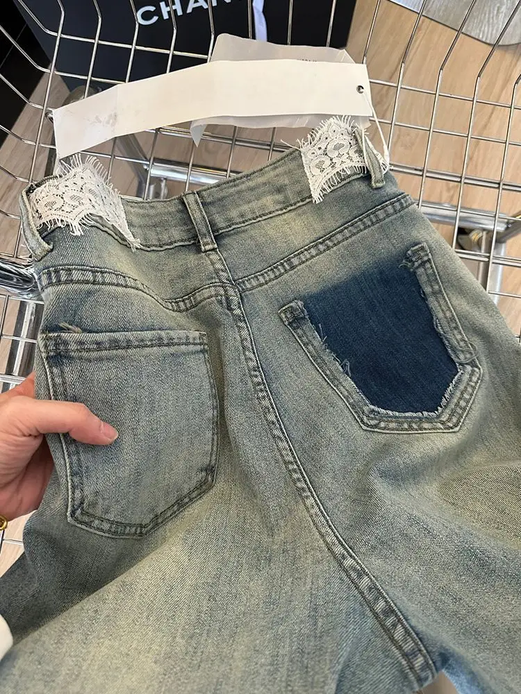 여성용 레이스 웨이스트 스몰 라인스톤 디자인 청바지, 하이웨이스트 스트레이트, 루즈핏 와이드 레그 팬츠, 2024 여름 신상