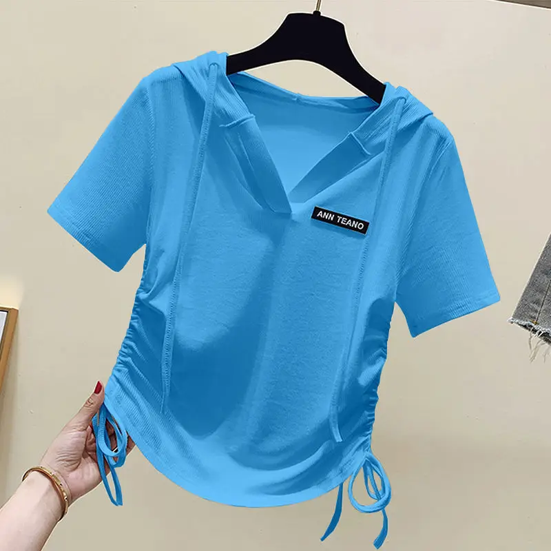 98% cotone T-Shirt donna irregolare cordoncino T-Shirt corta Casual con cappuccio manica corta top estate 2023 Trend Tshirt Y2k vestiti