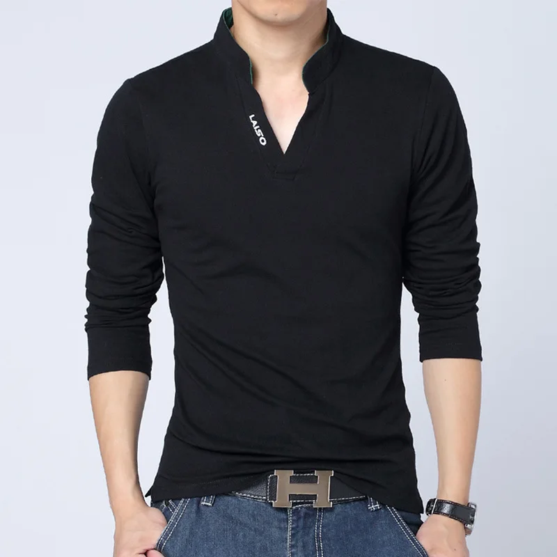 

Spring And Autumn Seasons Luxury, Handsome, Young And Temperament Men's Solid V-neck Long Sleeve Casual T-shirt Top M-5xl