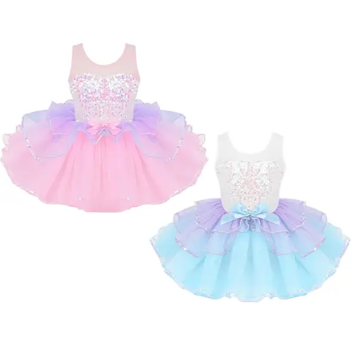 Child Tutu Ballet Dress Girls Ballerina Tulle Costume Sequins Mesh Splice Bowknot on Waist Gymnastics Leotard Kids Dancewear - Image 3