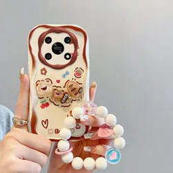 Cream Cake 3D Cartoon Bear Bracelet Phone Case with Wave Design for Honor V40 Lite (Brown Bear)