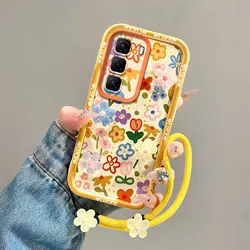 3D Floral Full Screen Phone Case with Wrist Strap Cover for Hot 50ProPlus4GX6880 (Yellow - Hua)