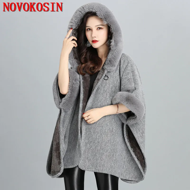 7 Colors 2022 Winter Warm Thick Batwing Sleeves Horn Buckle Loose Cloak Velvet Poncho Capes Women Faux Fur Collar Shopping Coat