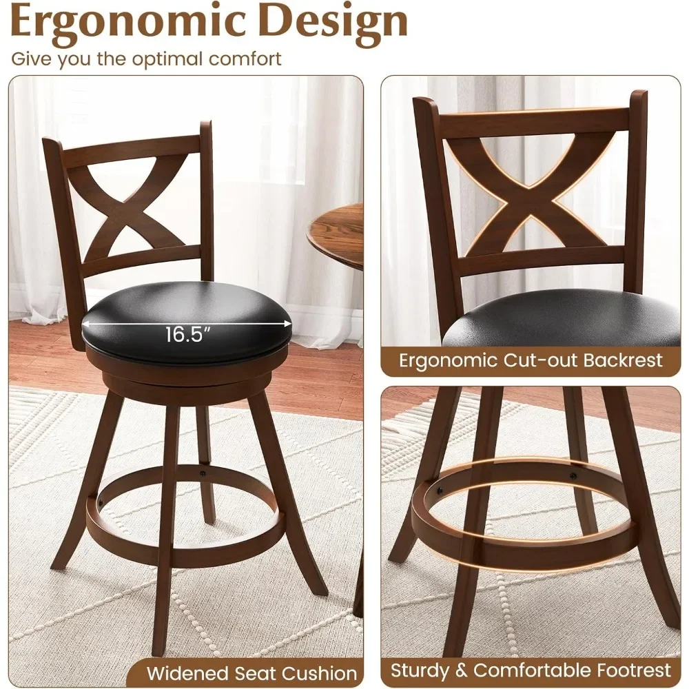 Bar Stools, Classic Counter Height Chairs with X-Shaped Open Back, Swivel Barstool Set for Kitchen Island, Pub, Bistro