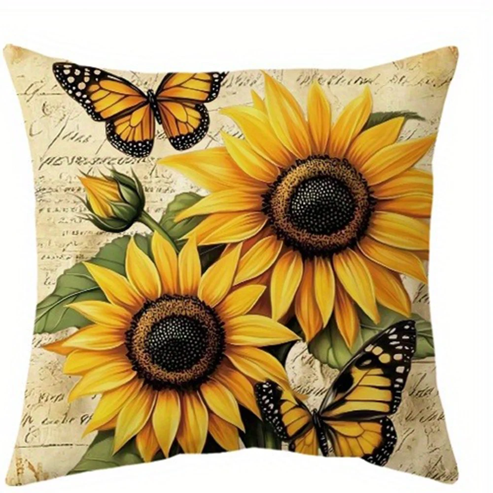 Sunflowers and twin butterflies printed pillow cover