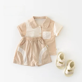 2025 صيف جديد للأطفال الميكا اللون حظر مجموعة 1-5 سنة الأولاد طفل موضة طوق قصيرة الأكمام السراويل 2 قطعة مجموعة 3