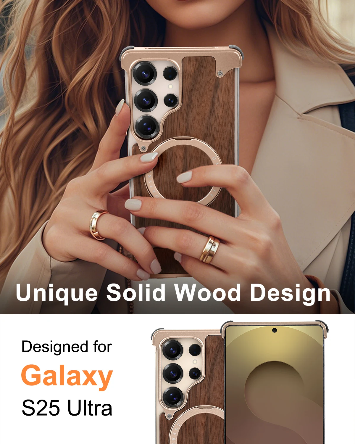 Eary Wood Case for Galaxy S25 S24 Ultra With 360° Rotation Kickstand Shockproof Protective Cover Unique Wooden Design Frameless