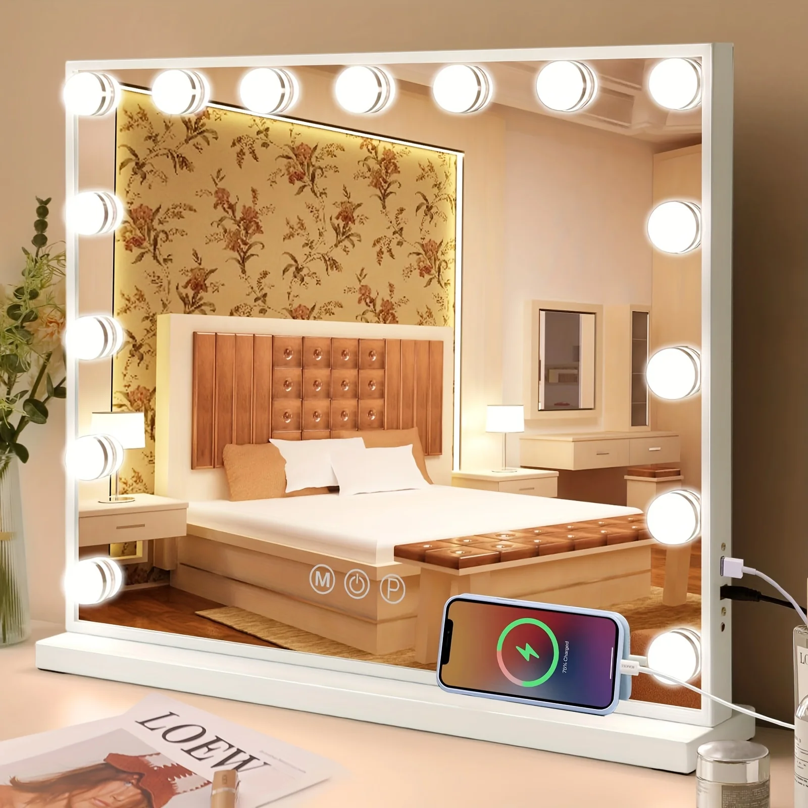 

Vanity Mirror with Lights 22.8x 18.1 Makeup Mirror with Lights and 15 Dimmable Bulbs,3 Colors Modes, Mirror with USB Charging P