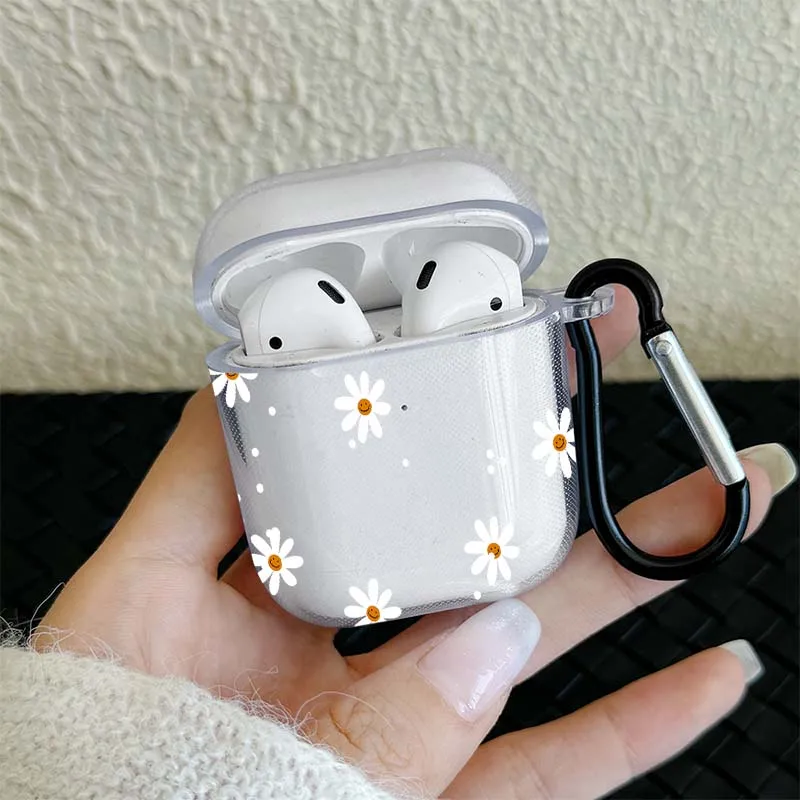 Transparent TPU Flower Pattern Wireless Bluetooth Case with Hook - Protective Cover