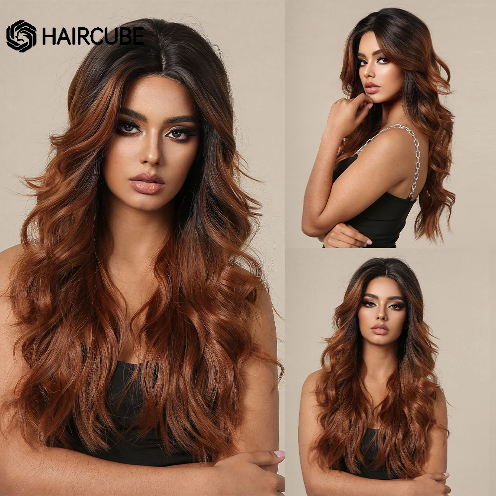 

HAIRCUBE Long Wavy Synthetic Wigs Black Roots Red Brown Copper Hairline Lace Wig for African Women Daily Heat Resistant Hair Wig
