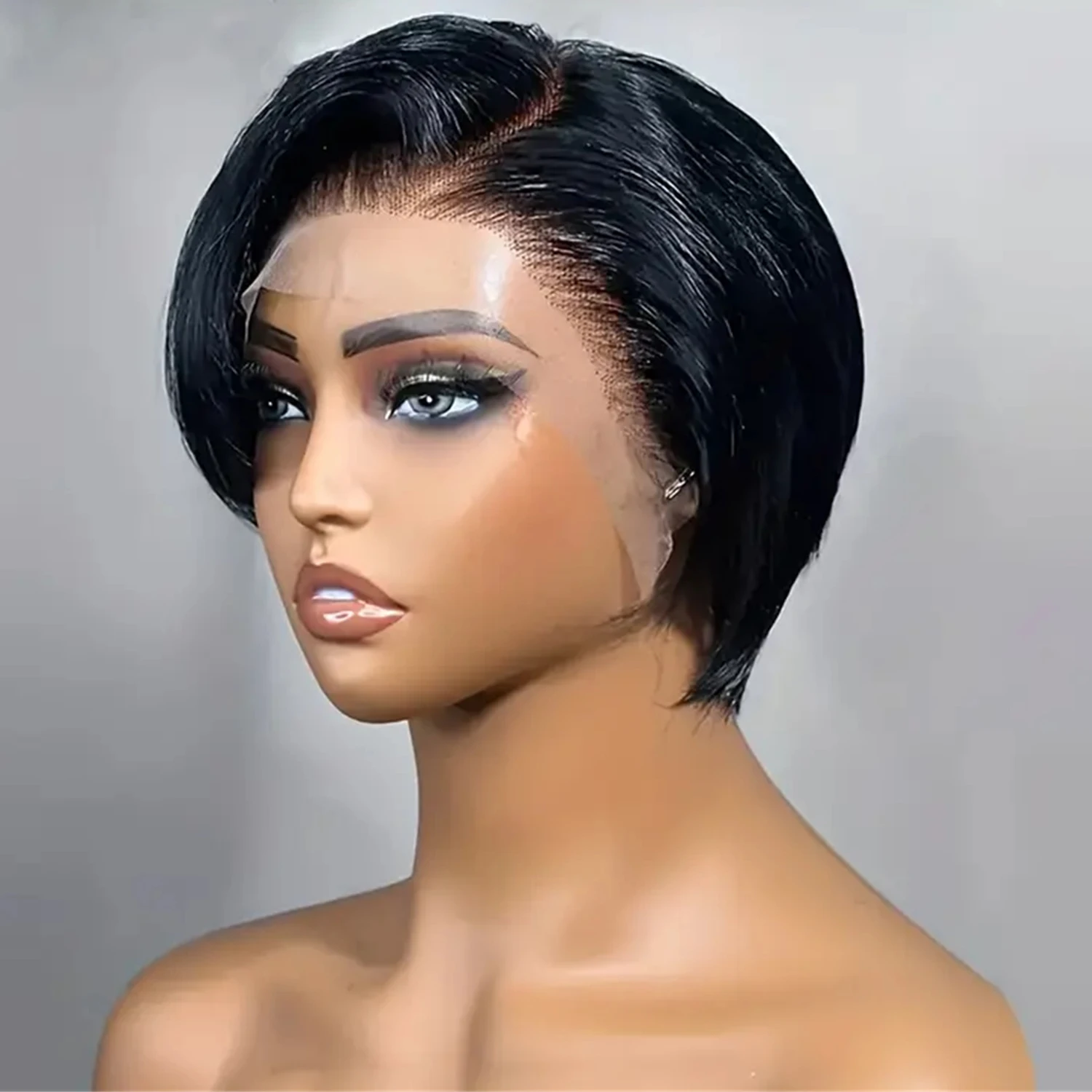 Short Pixie Cut Wig Straight Human Hair Bob Wig 13X4 Lace Front Brazilian Remy Hair Natural 6 inch Dark Brown Natural Black