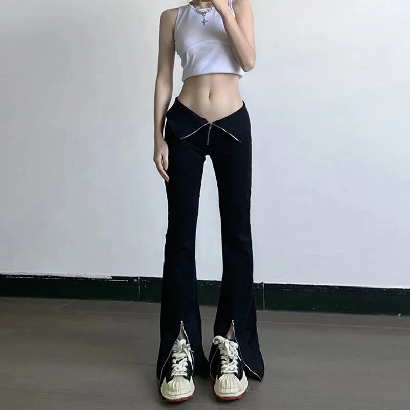 

Винтажные Черные Полосатые расклешенные брюки с низкой посадкой, джинсы Mall Goth Indie в стиле пэчворк с карманами, женские широкие брюки Y2K