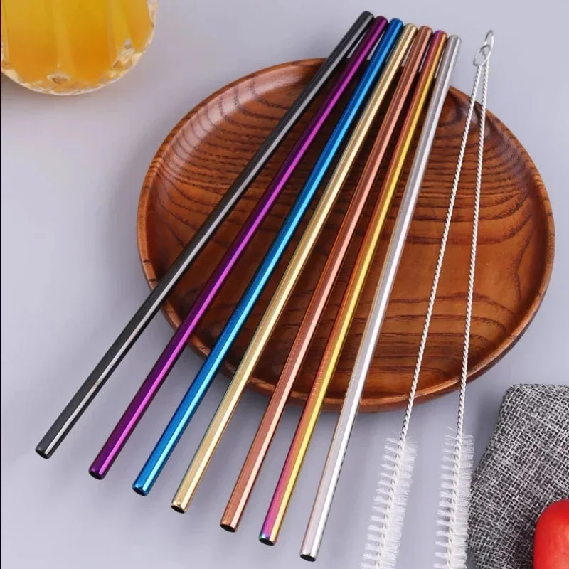 

304 Stainless Steel Reusable Metal Straw Set Clean Brush Rainbow Color Drinking Straw Milk Drink Utensils Bar Party Accessories