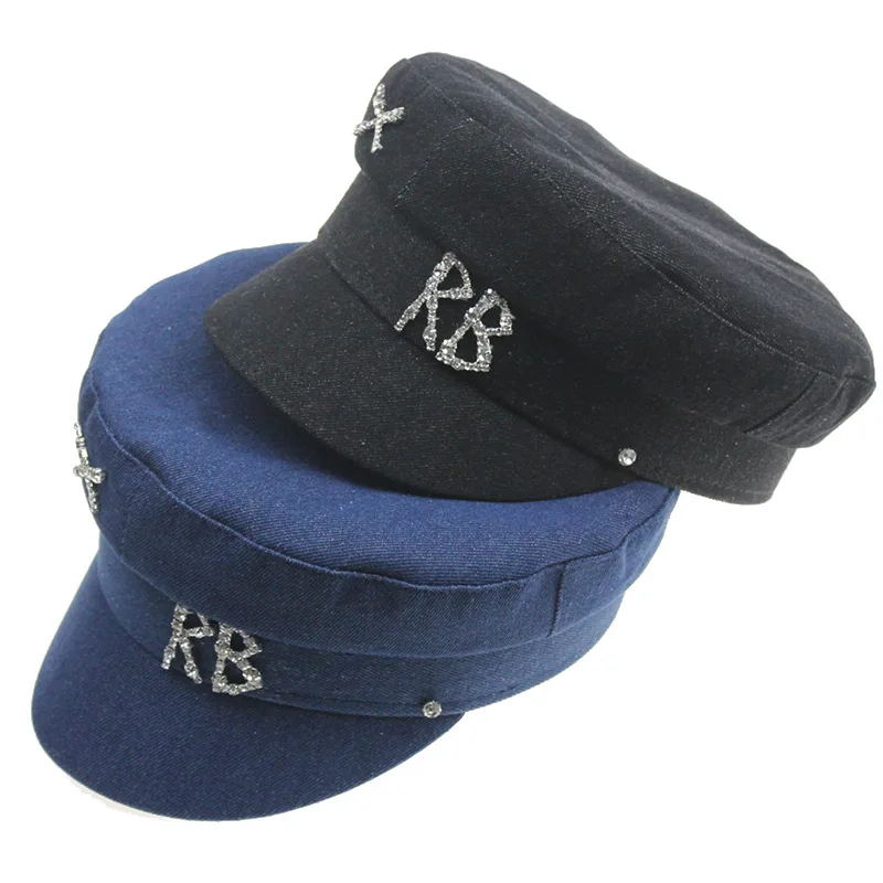 Winter Autumn Women's Hats Shiny Rhinestone Letters Military Hats Hundred Cowboy Fashion Octagonal Hat