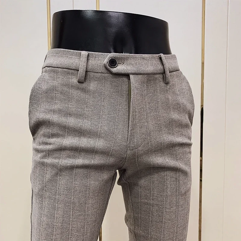 Men Striped Woolen Suit Pants suit pants men pants Autumn Winter Casual Trousers Thicken Keep Warm Pantalones Hombre Slim Fit Dress Pants Men