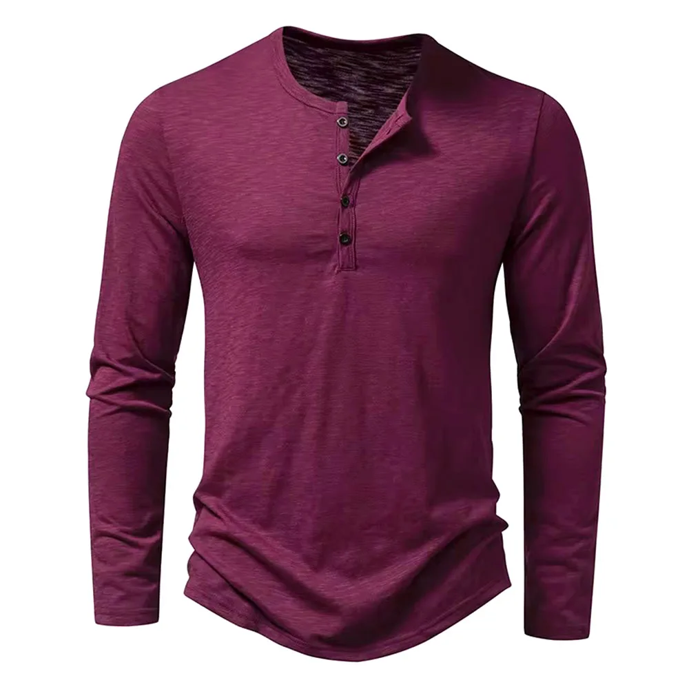 Men's Long Sleeve Cotton Henley Neck Shirt - Casual Solid Color Fashion Tee