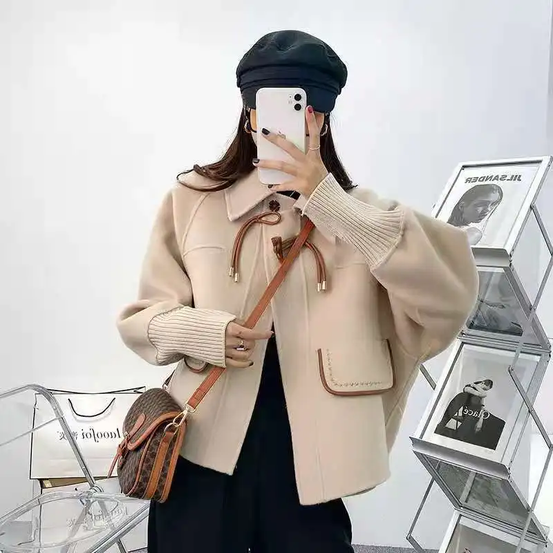 

2023 women's autumn new fashionable short knit cardigan shaped pocket top,Imitation double-sided denim cowhide button coat