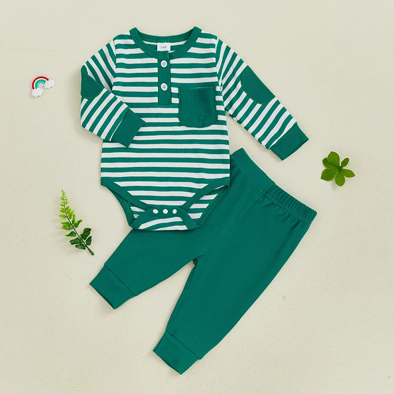 Baby Autumn 2Pcs Pants Sets Long Sleeve O Neck Button Striped Romper Solid Color Pants Sets